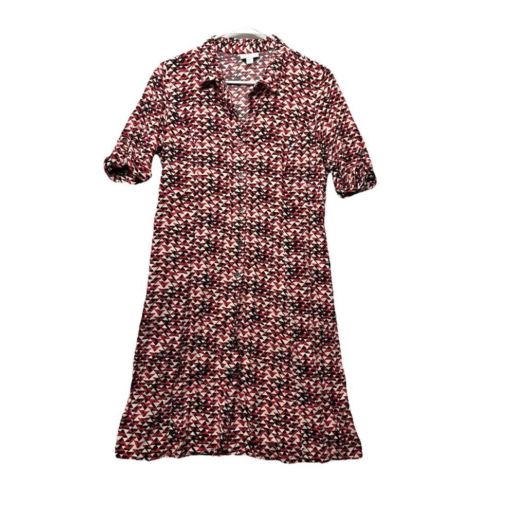 J Jill Shirt Dress 8 Petite Knee Length Red Black Button Up Roll Tab Career - Picture 1 of 5